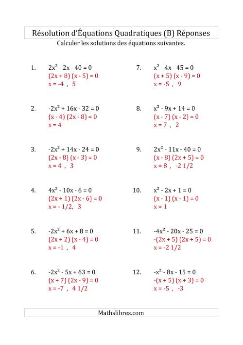 Résolution d’Équations Quadratiques (Coefficients variant de -4 à 4) (B) page 2