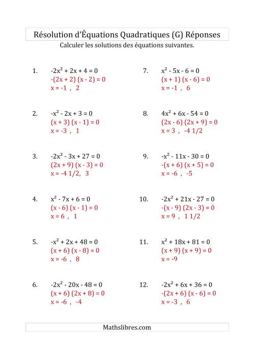 Résolution d’Équations Quadratiques (Coefficients variant de -4 à 4) (G) page 2