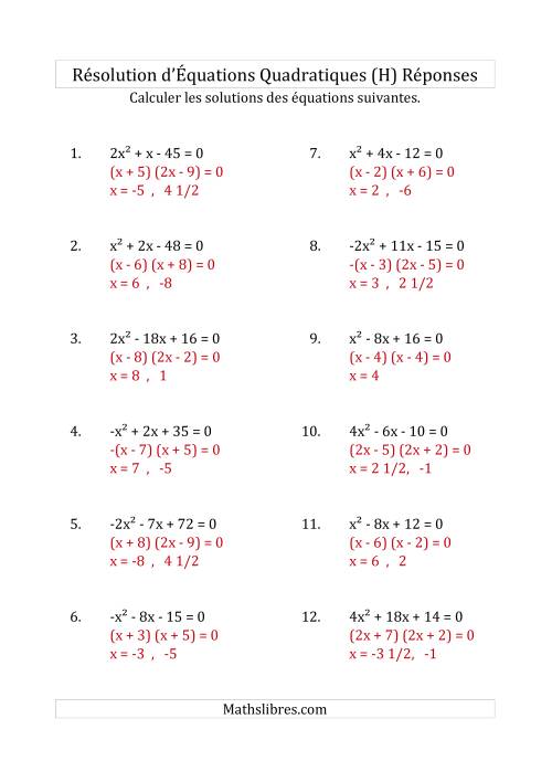 Résolution d’Équations Quadratiques (Coefficients variant de -4 à 4) (H) page 2