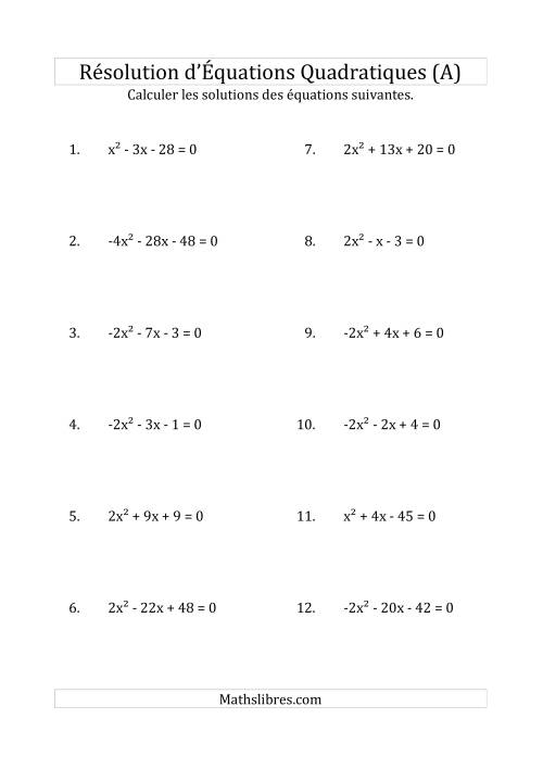 Résolution d’Équations Quadratiques (Coefficients variant de -4 à 4) (Tout)
