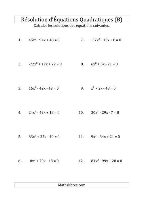 Résolution d’Équations Quadratiques (Coefficients variant de -81 à 81) (B)