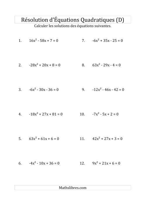 Résolution d’Équations Quadratiques (Coefficients variant de -81 à 81) (D)