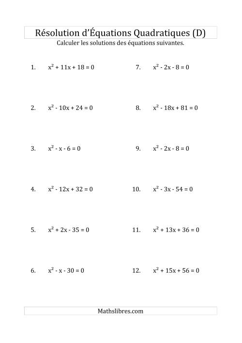Résolution d’Équations Quadratiques (Coefficients de 1) (D)