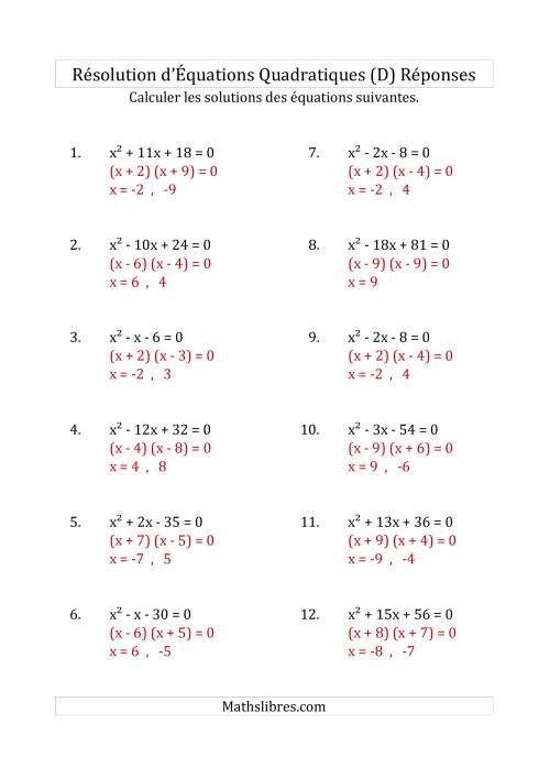 Résolution d’Équations Quadratiques (Coefficients de 1) (D) page 2