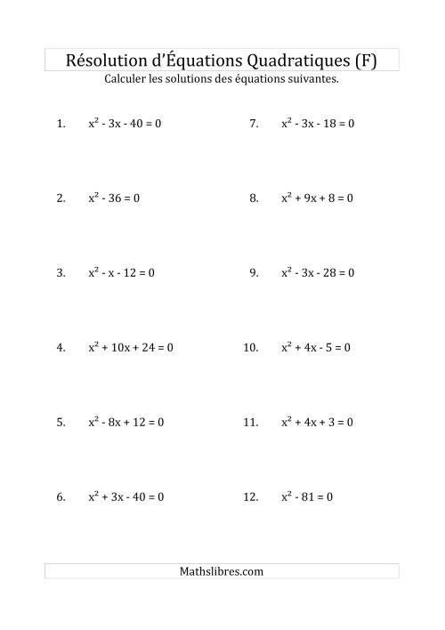 Résolution d’Équations Quadratiques (Coefficients de 1) (F)