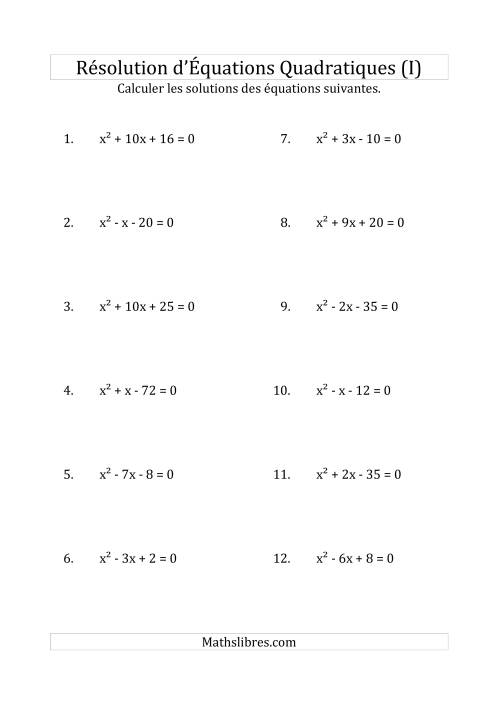 Résolution d’Équations Quadratiques (Coefficients de 1) (I)