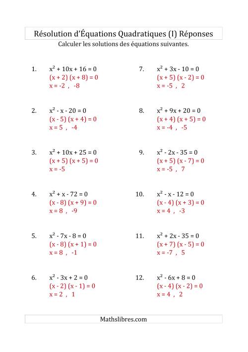 Résolution d’Équations Quadratiques (Coefficients de 1) (I) page 2