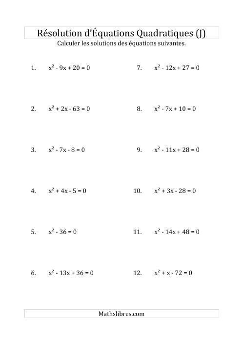 Résolution d’Équations Quadratiques (Coefficients de 1) (J)