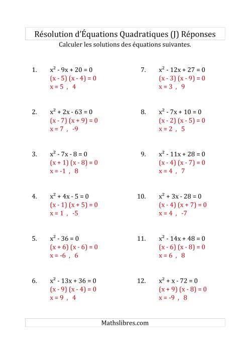 Résolution d’Équations Quadratiques (Coefficients de 1) (J) page 2