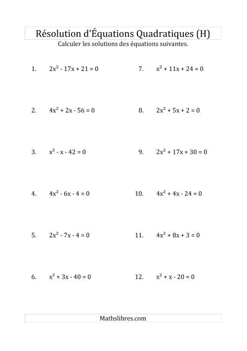 Résolution d’Équations Quadratiques (Coefficients variant jusqu'à 4) (H)