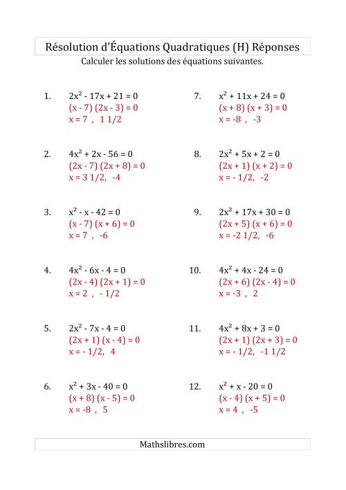 Résolution d’Équations Quadratiques (Coefficients variant jusqu'à 4) (H) page 2