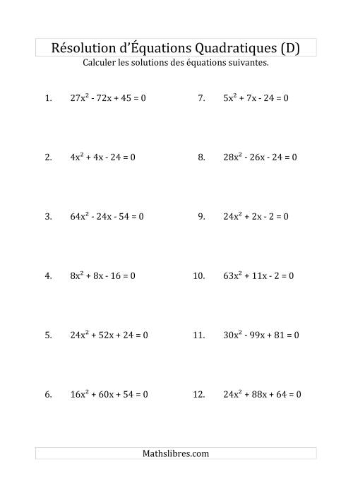 Résolution d’Équations Quadratiques (Coefficients variant jusqu'à 81) (D)