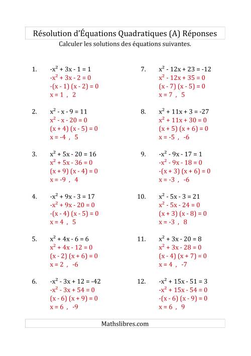 Résolution d’Équations Quadratiques (Coefficients de 1 ou -1) (Tout) page 2
