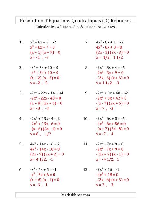 Résolution d’Équations Quadratiques (Coefficients variant de -4 à 4) (D) page 2