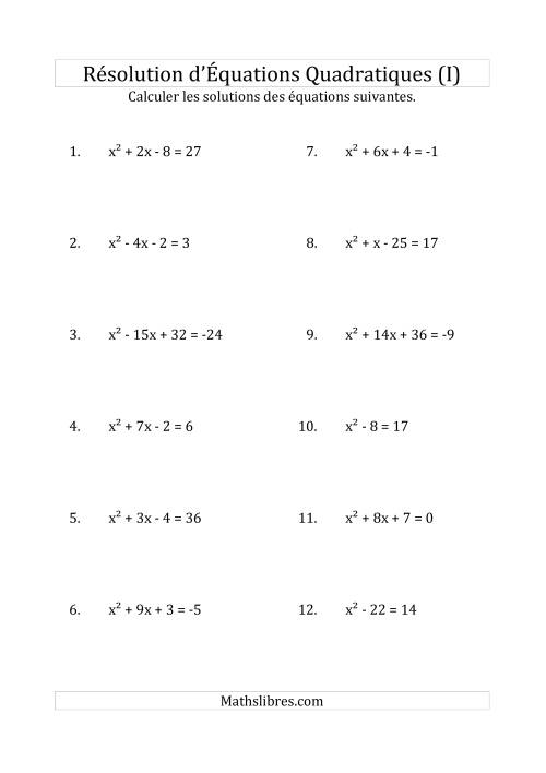 Résolution d’Équations Quadratiques (Coefficients de 1) (I)