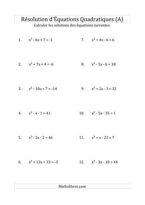 Résolution d’Équations Quadratiques (Coefficients de 1) (Tout)