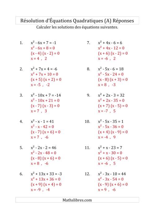 Résolution d’Équations Quadratiques (Coefficients de 1) (Tout) page 2