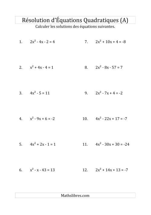 Résolution d’Équations Quadratiques (Coefficients variant jusqu'à 4) (A)