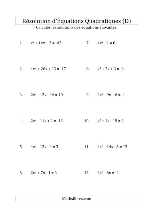 Résolution d’Équations Quadratiques (Coefficients variant jusqu'à 4) (D)