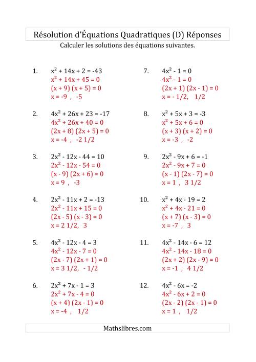 Résolution d’Équations Quadratiques (Coefficients variant jusqu'à 4) (D) page 2