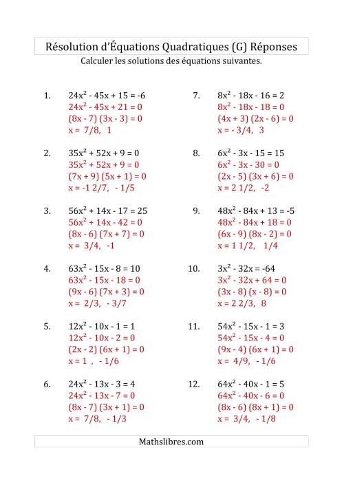 Résolution d’Équations Quadratiques (Coefficients variant jusqu'à 81) (G) page 2