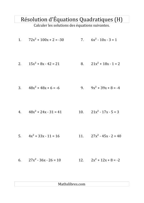 Résolution d’Équations Quadratiques (Coefficients variant jusqu'à 81) (H)
