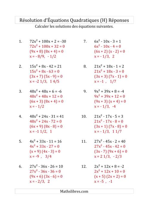 Résolution d’Équations Quadratiques (Coefficients variant jusqu'à 81) (H) page 2