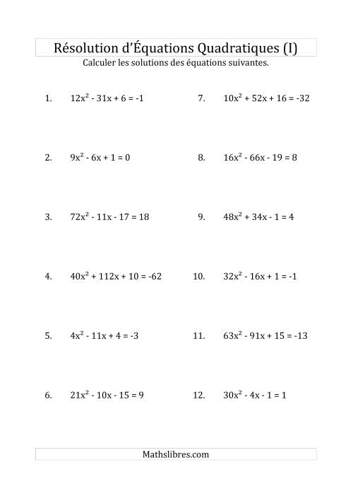 Résolution d’Équations Quadratiques (Coefficients variant jusqu'à 81) (I)