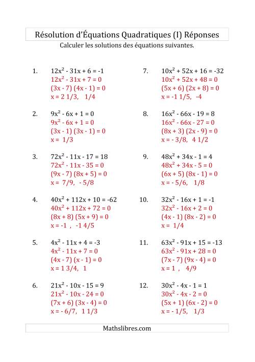 Résolution d’Équations Quadratiques (Coefficients variant jusqu'à 81) (I) page 2