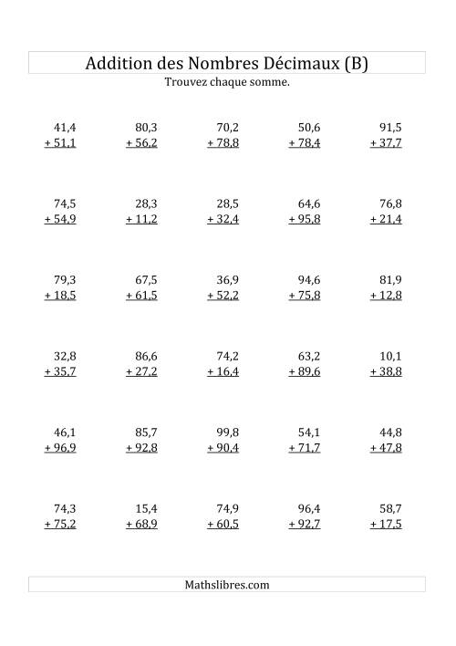Addition de Nombres Décimaux au Dixième Près Avec 2 Chiffres Avant le Nombre Décimal (variant de 10,1 à 99,9) (B)