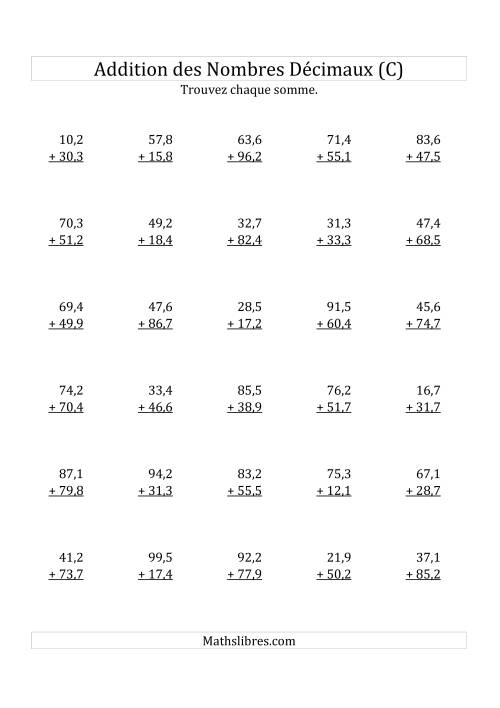 Addition de Nombres Décimaux au Dixième Près Avec 2 Chiffres Avant le Nombre Décimal (variant de 10,1 à 99,9) (C)