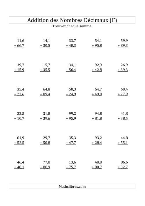 Addition de Nombres Décimaux au Dixième Près Avec 2 Chiffres Avant le Nombre Décimal (variant de 10,1 à 99,9) (F)
