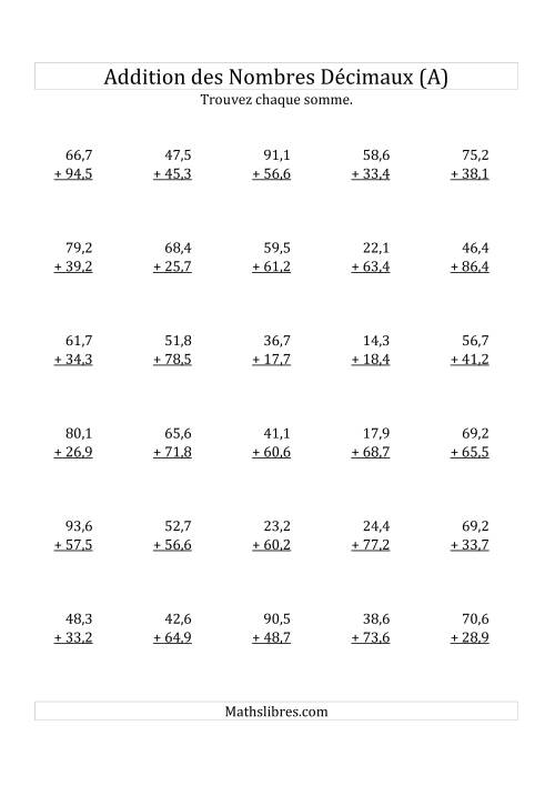 Addition de Nombres Décimaux au Dixième Près Avec 2 Chiffres Avant le Nombre Décimal (variant de 10,1 à 99,9) (Tout)