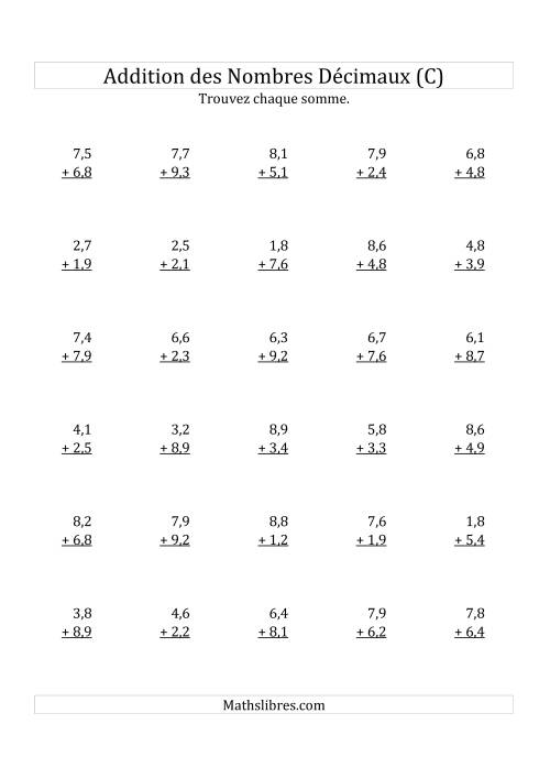 Addition de Nombres Décimaux au Dixième Près Avec 1 Chiffre Avant le Nombre Décimal (variant de 1,1 à 9,9) (C)