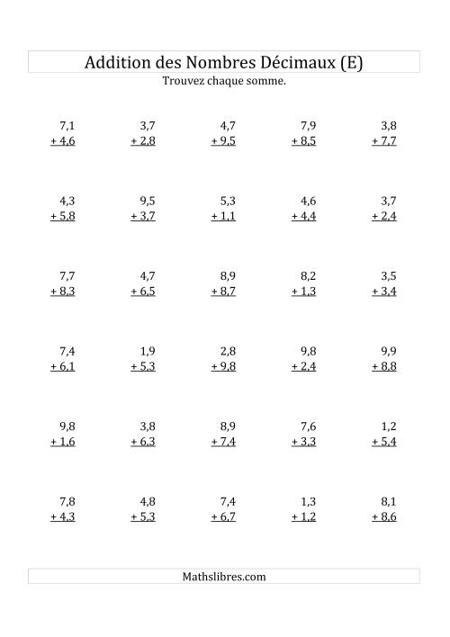Addition de Nombres Décimaux au Dixième Près Avec 1 Chiffre Avant le Nombre Décimal (variant de 1,1 à 9,9) (E)