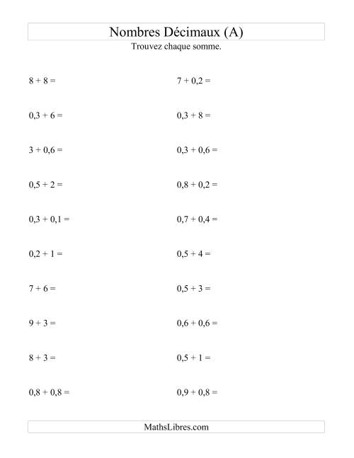 Addition horizontale de nombres décimaux (1 décimale) (Tout)
