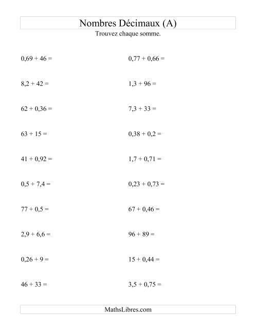 Addition horizontale de nombres décimaux (2 décimales) (A)