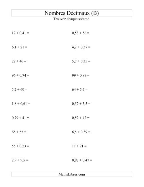Addition horizontale de nombres décimaux (2 décimales) (B)