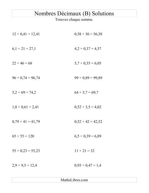 Addition horizontale de nombres décimaux (2 décimales) (B) page 2