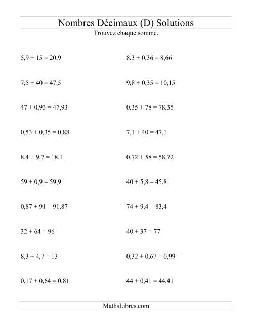 Addition horizontale de nombres décimaux (2 décimales) (D) page 2