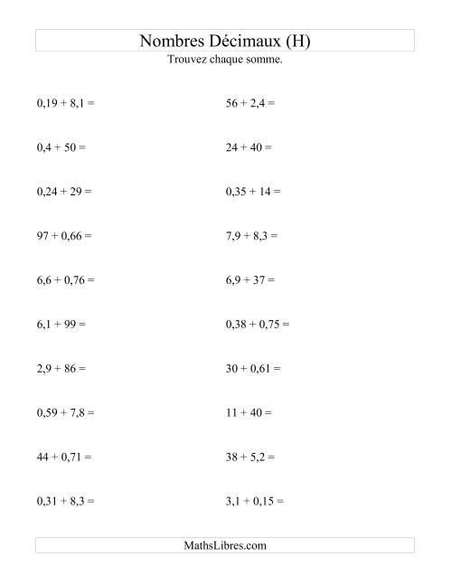 Addition horizontale de nombres décimaux (2 décimales) (H)