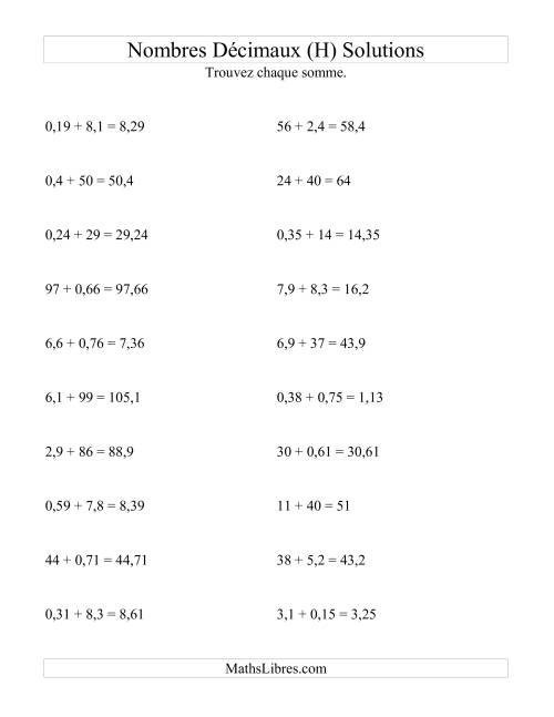 Addition horizontale de nombres décimaux (2 décimales) (H) page 2