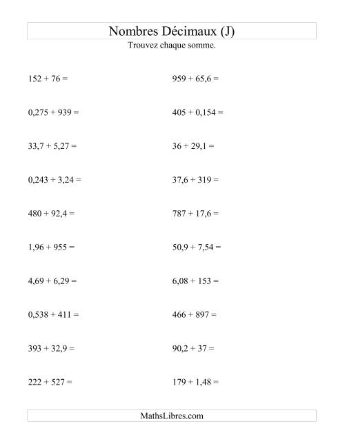 Addition horizontale de nombres décimaux (3 décimales) (J)