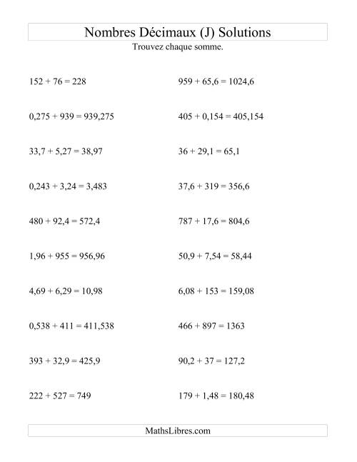 Addition horizontale de nombres décimaux (3 décimales) (J) page 2