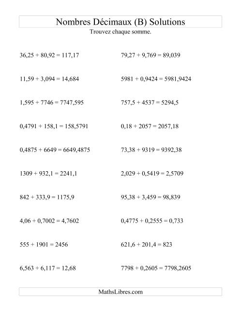Addition horizontale de nombres décimaux (4 décimales) (B) page 2