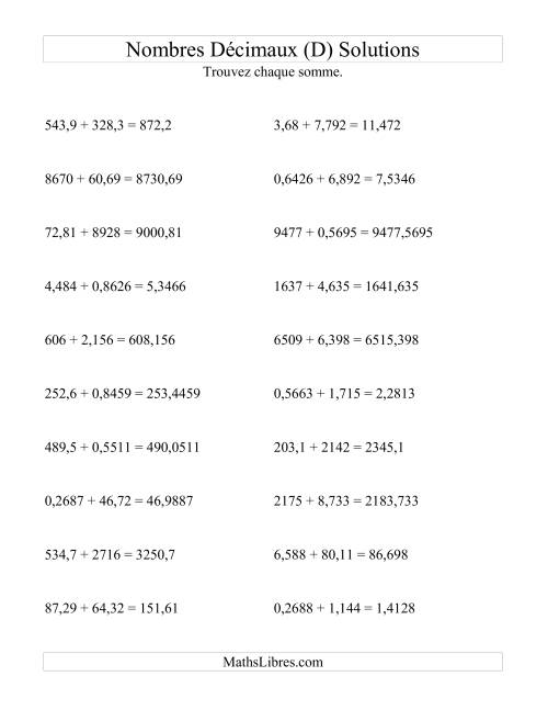 Addition horizontale de nombres décimaux (4 décimales) (D) page 2