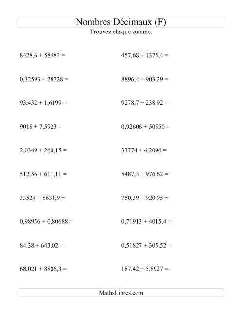 Addition horizontale de nombres décimaux (5 décimales) (F)