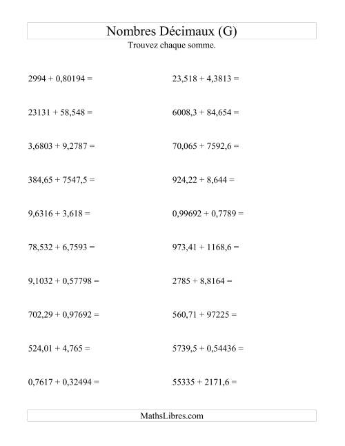 Addition horizontale de nombres décimaux (5 décimales) (G)