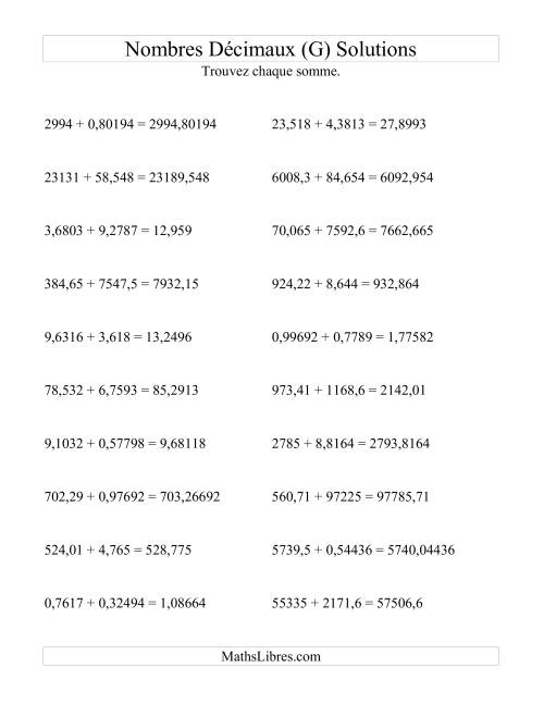 Addition horizontale de nombres décimaux (5 décimales) (G) page 2