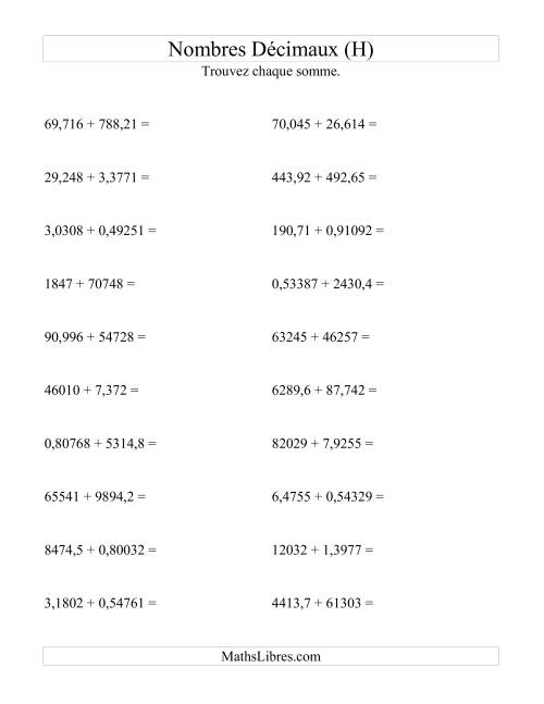 Addition horizontale de nombres décimaux (5 décimales) (H)